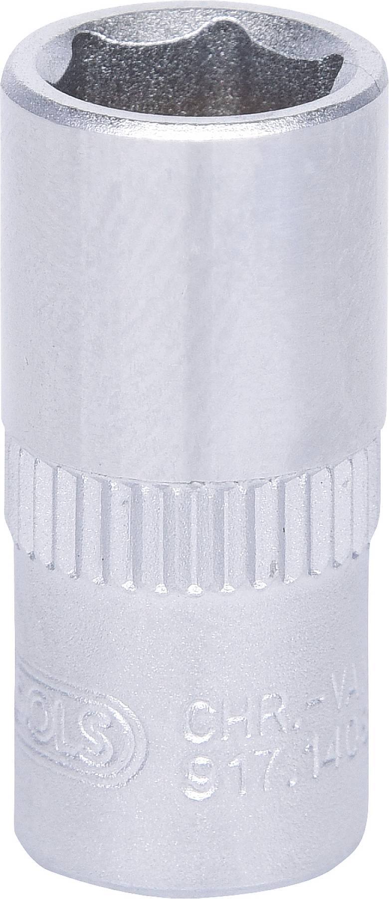 Metallische Stecknuss für Werkzeuge mit gerändeltem Griff. Verwendet zum Festziehen oder Lösen von Muttern und Bolzen in technischen Anwendungen.