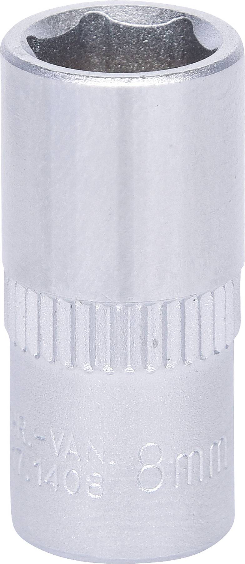 Verchromte Metallnuss mit 8 mm Durchmesser, geeignet für Steckschlüssel, mit geriffeltem Griffbereich und eingeprägter Größenangabe.