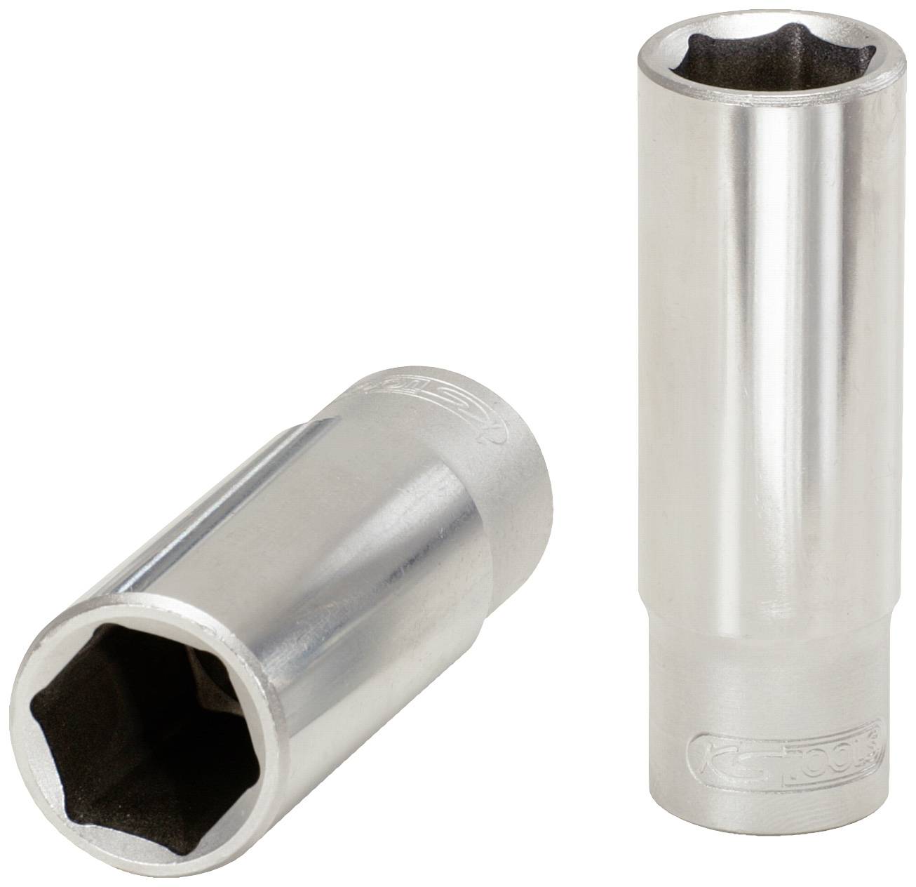 Zwei silberne Stecknüsse aus Metall, eine liegend, die andere stehend, mit sechseckigen Öffnungen. Geeignet für Schraubenschlüssel.