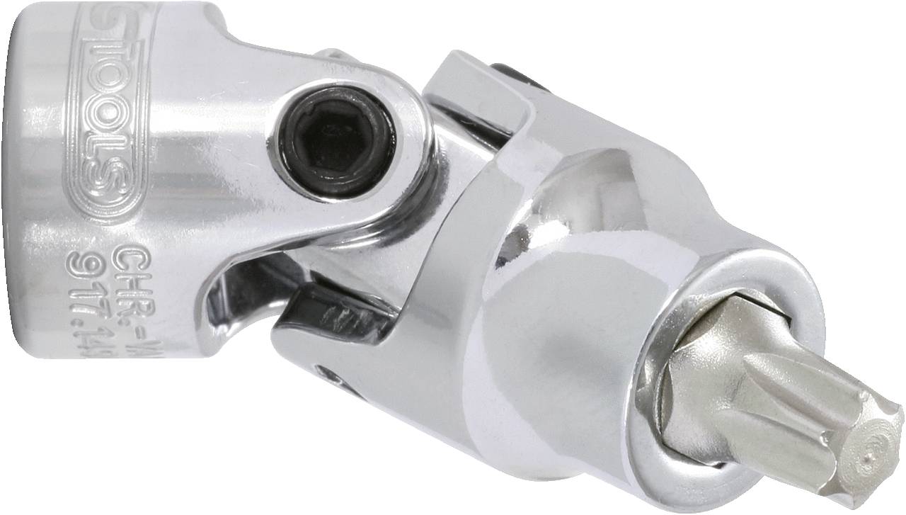 Ein verchromter Gelenkadapter mit integriertem Torx-Bit in einer schrägen Ansicht. Werkzeug zum Schrauben in schwer zugänglichen Bereichen.