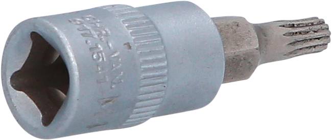 Ein silberfarbenes Torx-Bit-Werkzeug mit gerändeltem Griff, verwendet für das Anziehen oder Lösen von Torx-Schrauben.