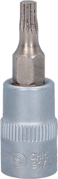 Ein silberner Schraubendrehereinsatz mit Torx-Bit. Oberer Teil ist gezahnt für besseren Halt, unterer Teil ist glatt und zylindrisch.