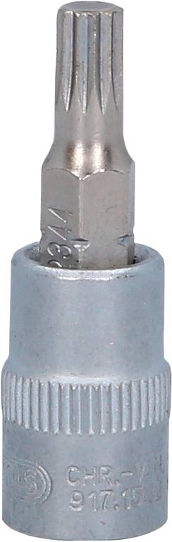 Metallischer Torx-Bit-Aufsatz in Silber mit geriffeltem Griff. Geeignet für Schraubverbindungen in technischen und mechanischen Anwendungen.