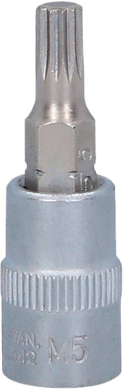 Bitschraubendreher. Metallisches Werkzeug mit geriffeltem Griff, in silber-blauer Farbe, markiert mit 'M5'.