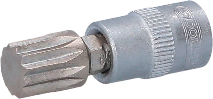 Metallischer Vielzahn-Bitaufsatz, seitlich gesehen, mit geriffeltem Griff und eingeprägtem Logo auf der Oberfläche. Geeignet für Schraubarbeiten.