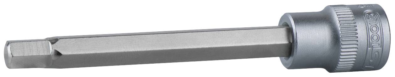 Ein silberner Schraubendreher-Bit mit Sechskantaufsatz, geeignet für Steckschlüssel und Schraubendreher, liegt auf weißem Hintergrund.