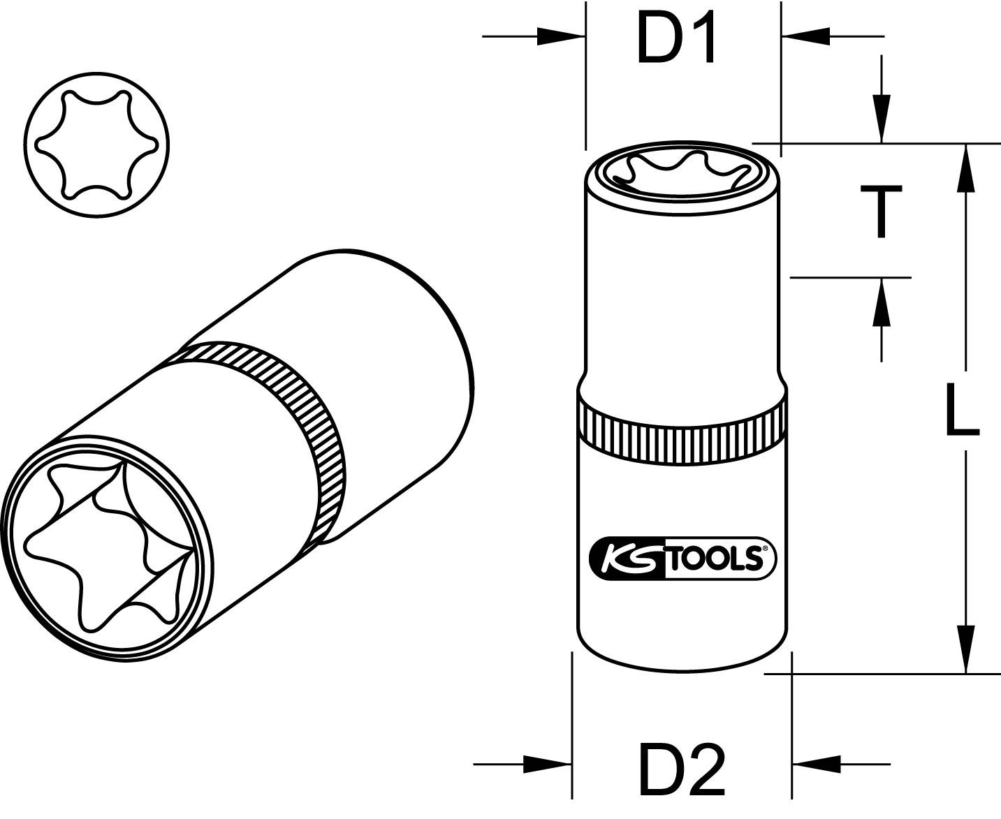 Technische Zeichnung einer Stecknuss mit den Maßen D1, D2, L und T, sowie Querschnittsansicht. Logo 'KS Tools' sichtbar.