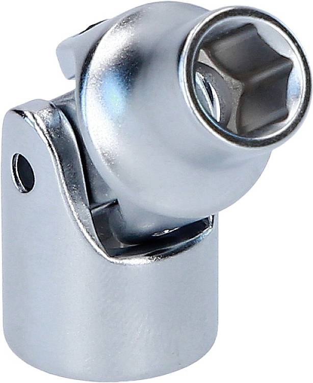 Ein silberner Universal-Gelenkadapter aus Metall, der für Werkzeuge verwendet wird, zeigt eine abgewinkelte Verbindung für Flexibilität.