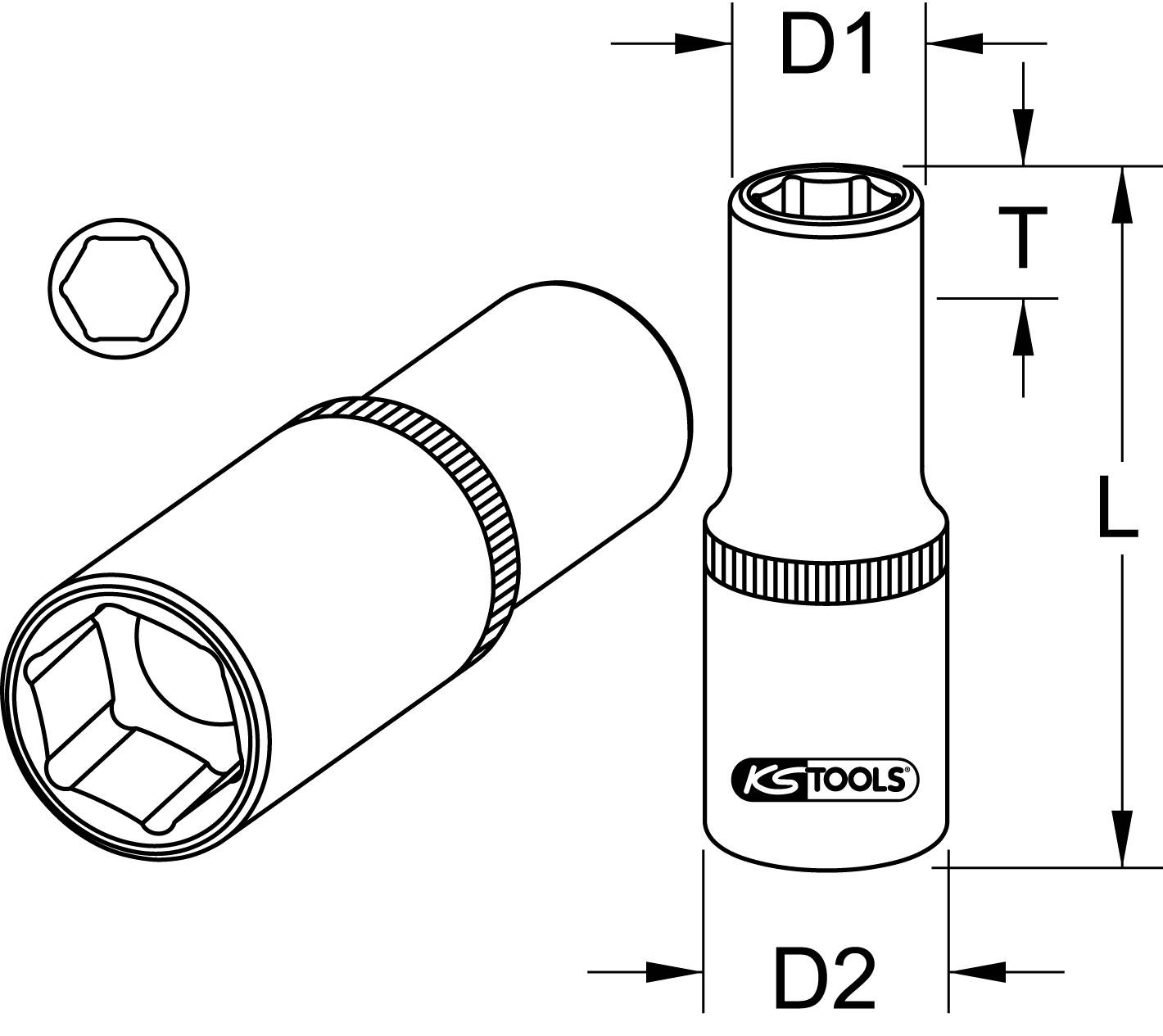 Technische Zeichnung einer Stecknuss mit Maßen: D1, D2, T, L. Markierte Ansichten zeigen die Form und Größen. KS Tools-Logo sichtbar.