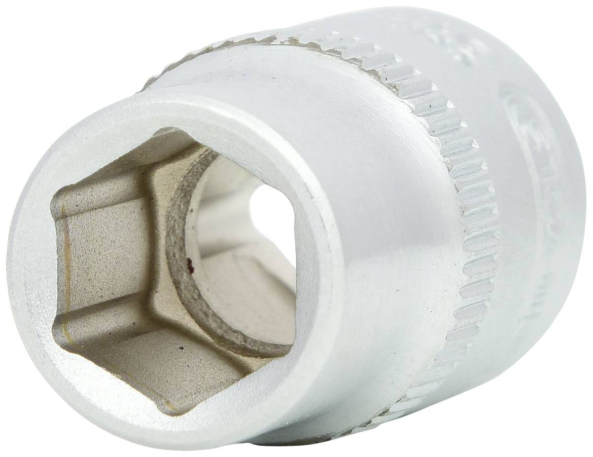 Metallische Stecknuss mit sechseckiger Öffnung, geeignet für Anwendungen im Bereich der Fahrzeugreparatur oder Maschinenwartung.