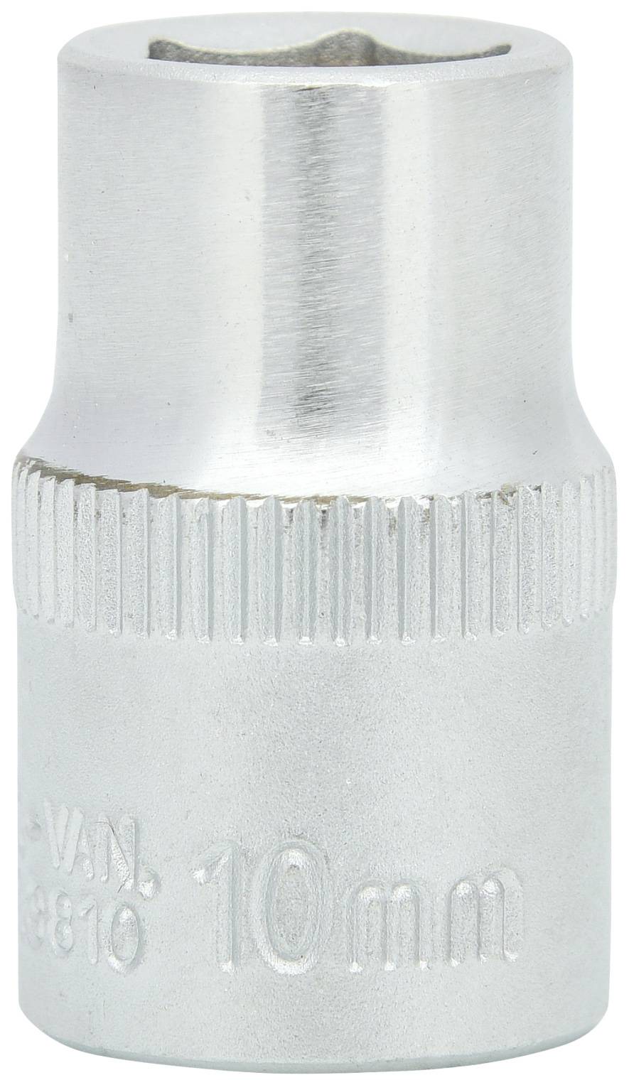 Ein silberner Steckschlüsselaufsatz mit einer Größe von 10 mm.