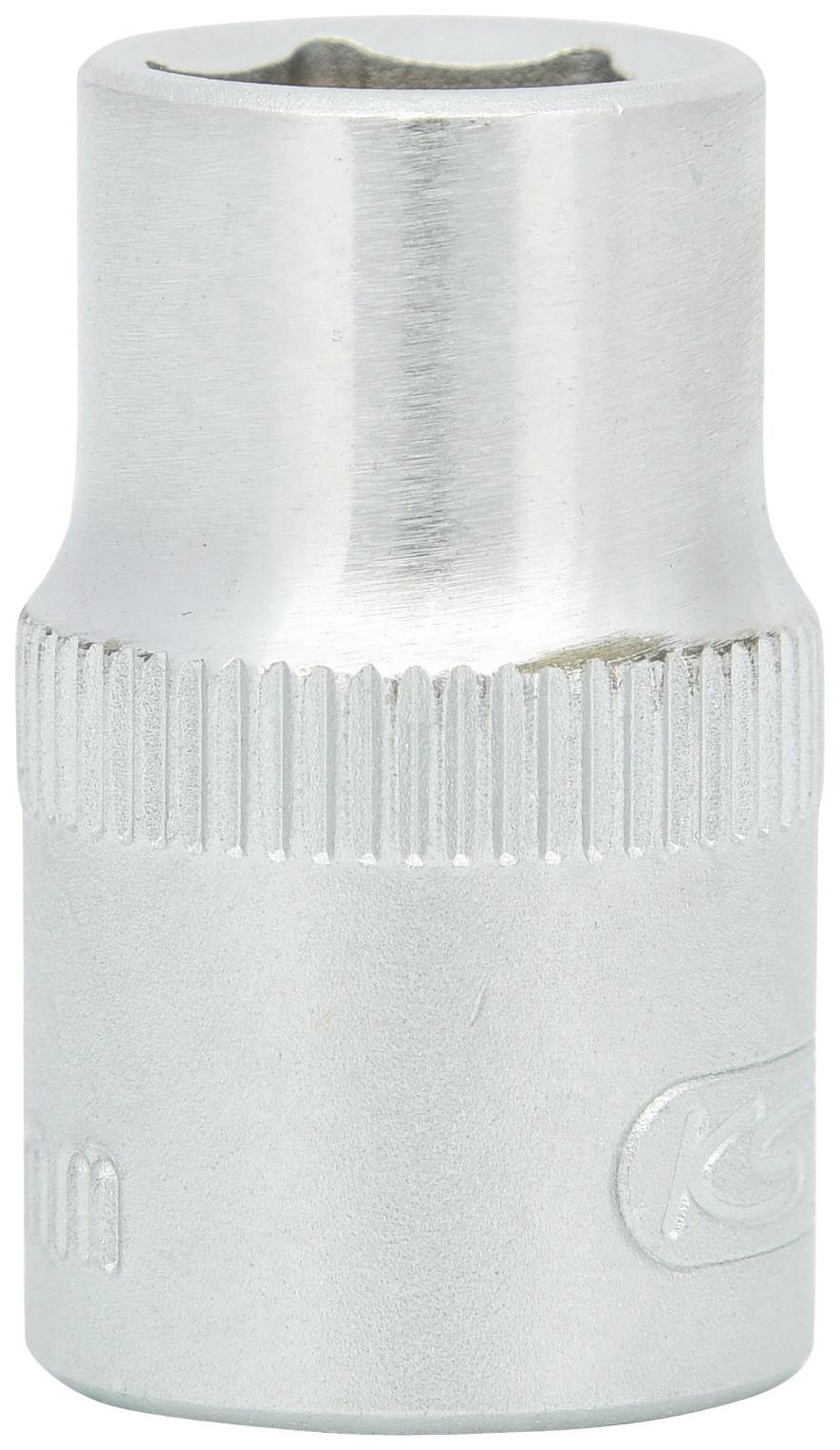 Eine silberne Stecknuss, zylindrisch, mit geriffeltem Bereich für besseren Griff. Markierung unten mit der Aufschrift '6 mm'.