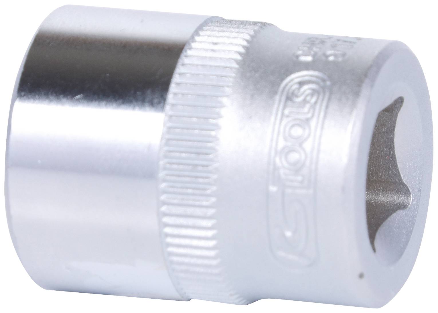 Ein silberner Steckschlüsselaufsatz aus Metall mit geriffeltem Griff und einer sechseckigen Öffnung.