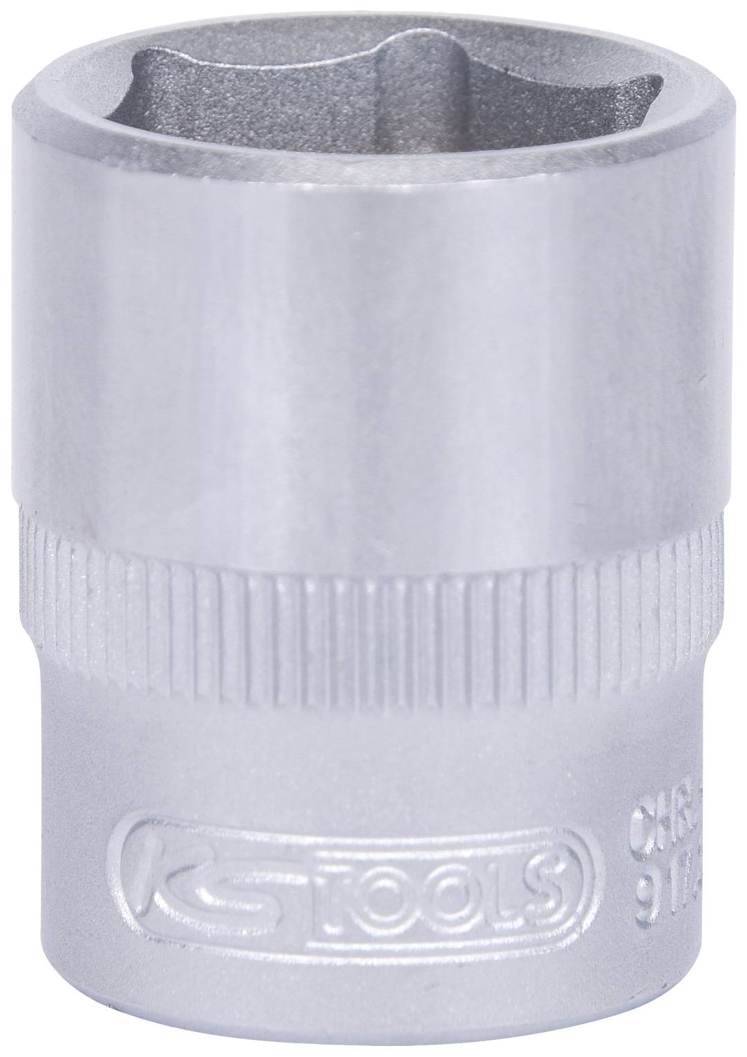 Metallische Stecknuss, zylindrisch, mit geriffelter Oberfläche für besseren Halt. Verwendet für das Anziehen oder Lösen von Schrauben.