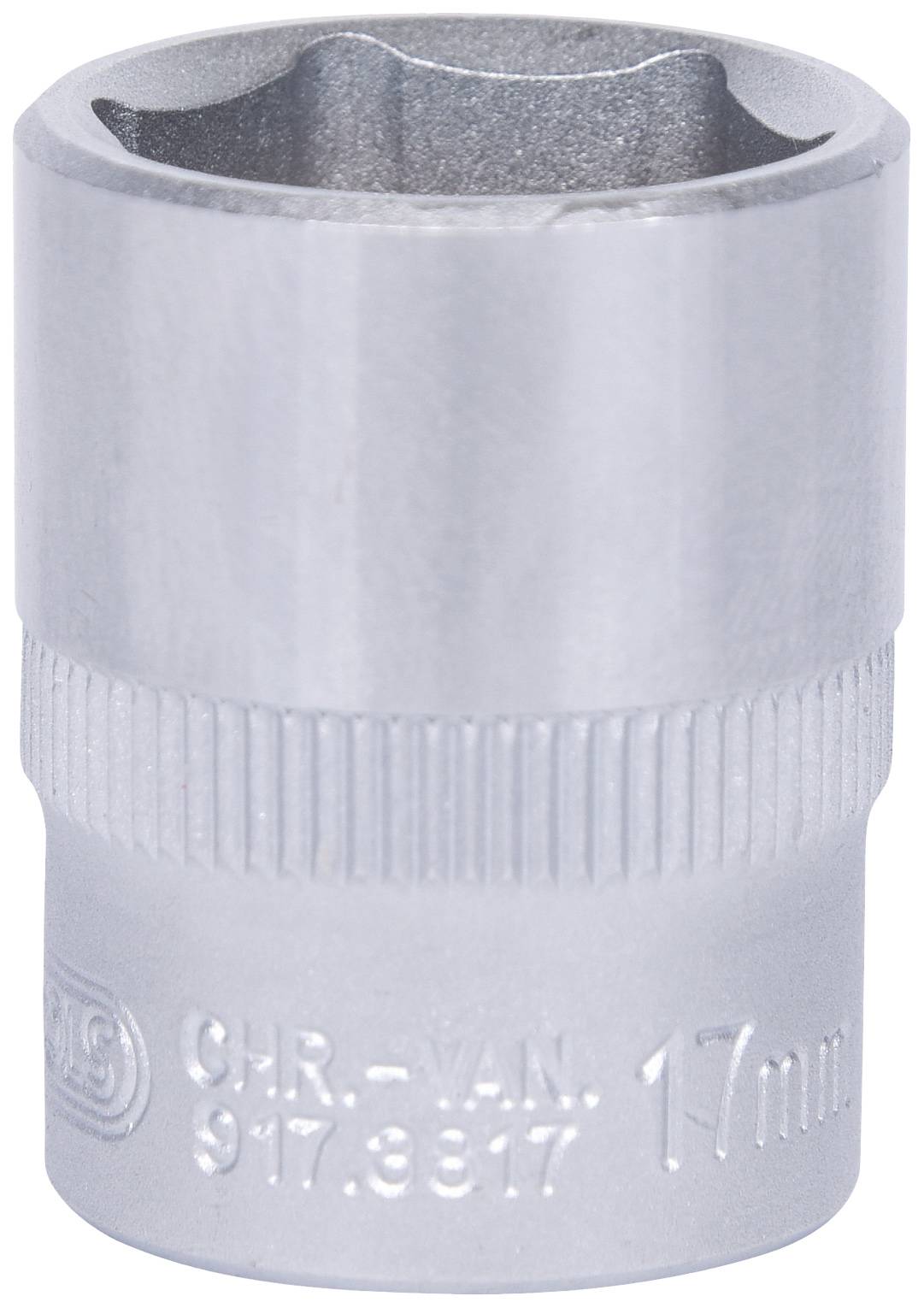 Metall-Steckschlüsselaufsatz mit 17 mm Durchmesser, gerändelter Griffbereich, beschriftet mit 'CHR-VAN 17mm 9173817'.