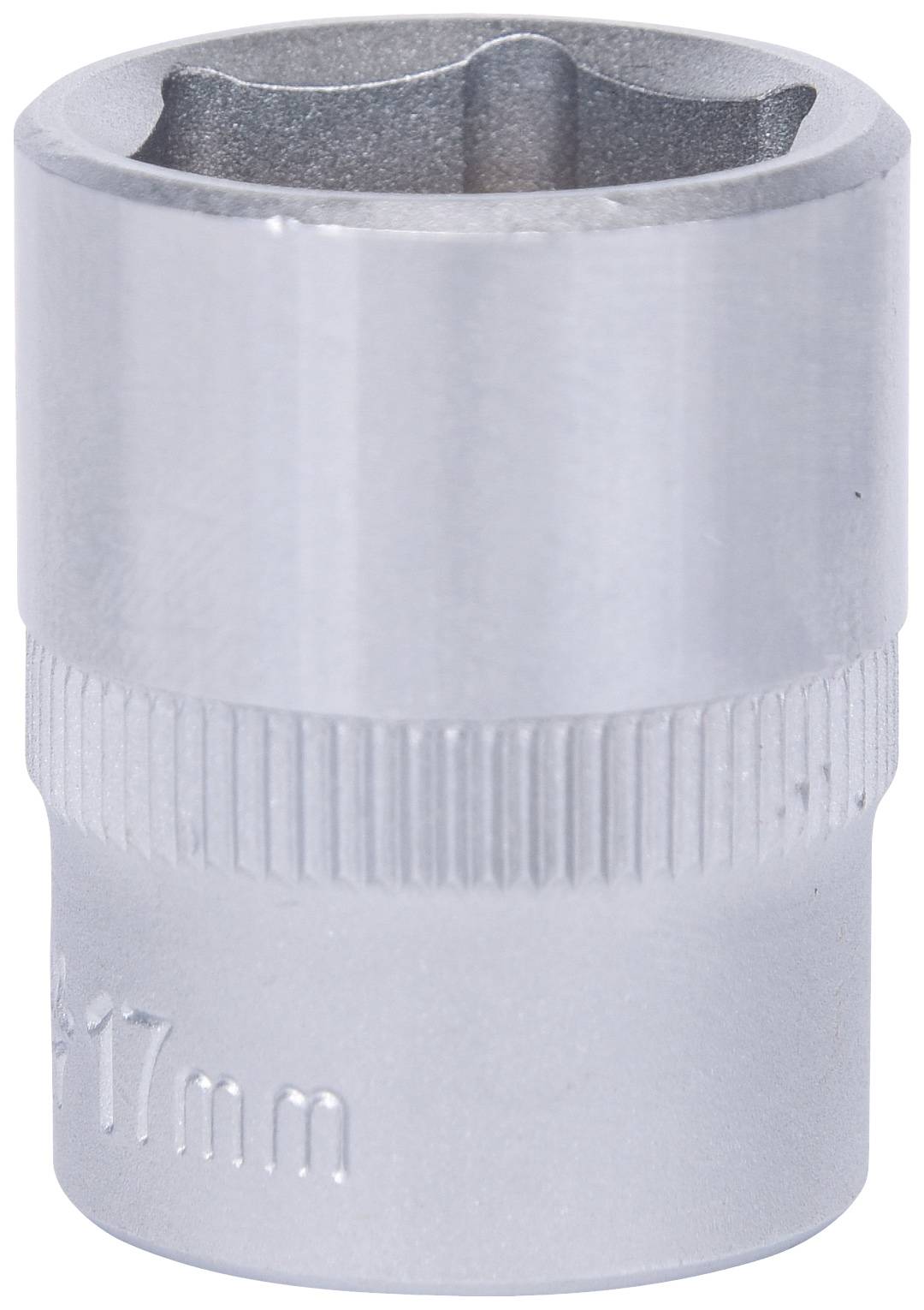 Silberne Nuss mit einer Größe von 17 mm, verwendet als Werkzeugaufsatz für Schraubenschlüssel.