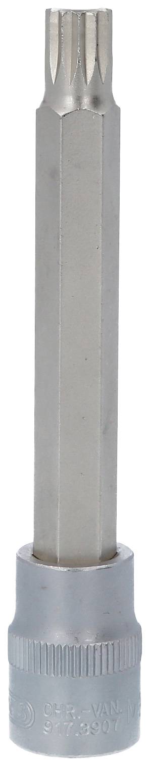 Langer Vielzahn-Schraubendreheraufsatz aus Metall mit silbernem Schaft und Aufsatz. Geeignet für spezielle Schraubverbindungen.