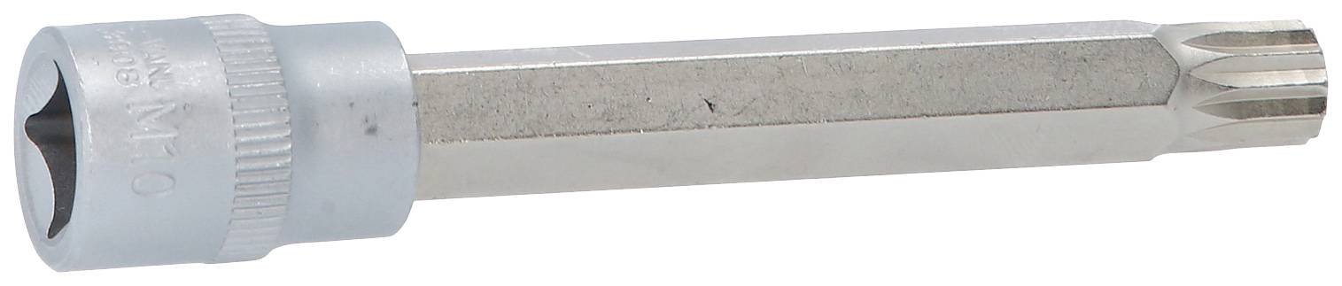 Ein silberner Steckschlüsseleinsatz mit Torx-Profil, meist für Schraubarbeiten verwendet.