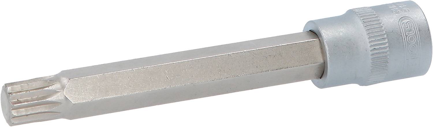 Ein silberner Vielzahnschlüsselaufsatz mit einem sechseckigen Schaft und einem blauen Sechskant-Aufnahme; für Kfz-Reparaturen geeignet.