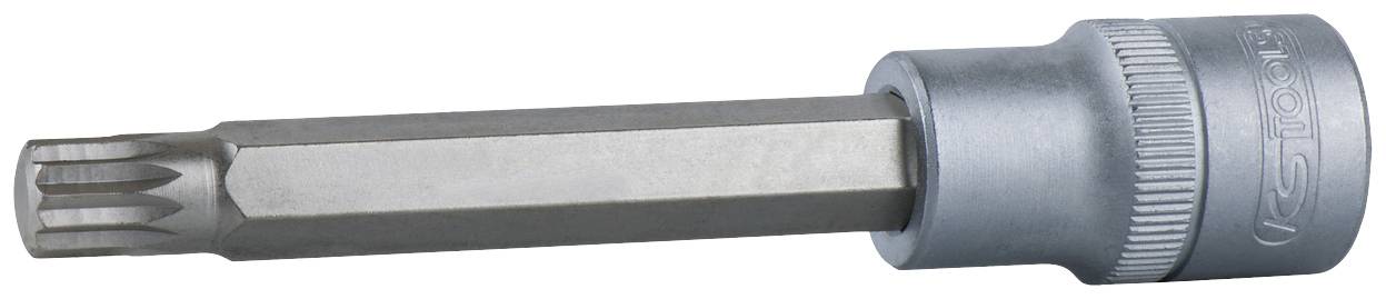 Ein metallischer Torx-Bitaufsatz für Schraubenschlüssel, hexagonal geformt, mit einem genoppten  äußeren Griff für besseren Halt.