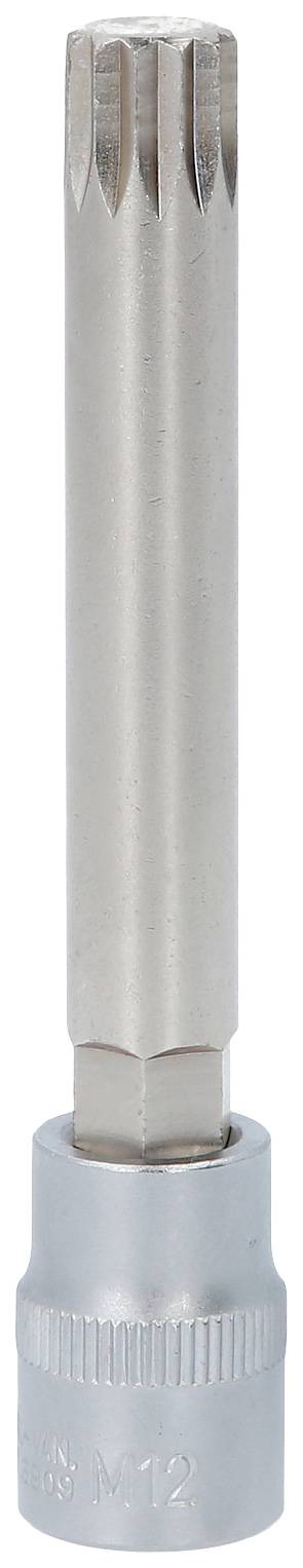 Ein silberner Vielzahn-Steckschlüsselaufsatz, geeignet für die Verwendung mit einem Schraubenschlüssel, mit geriffeltem Schaft.
