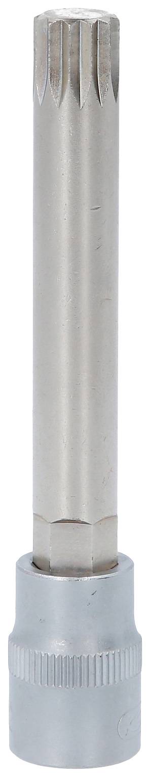 Langes, metallisches Werkzeug mit geriffeltem Ende und glattem Sockel. Möglicherweise ein Teil eines speziellen mechanischen Werkzeugs.
