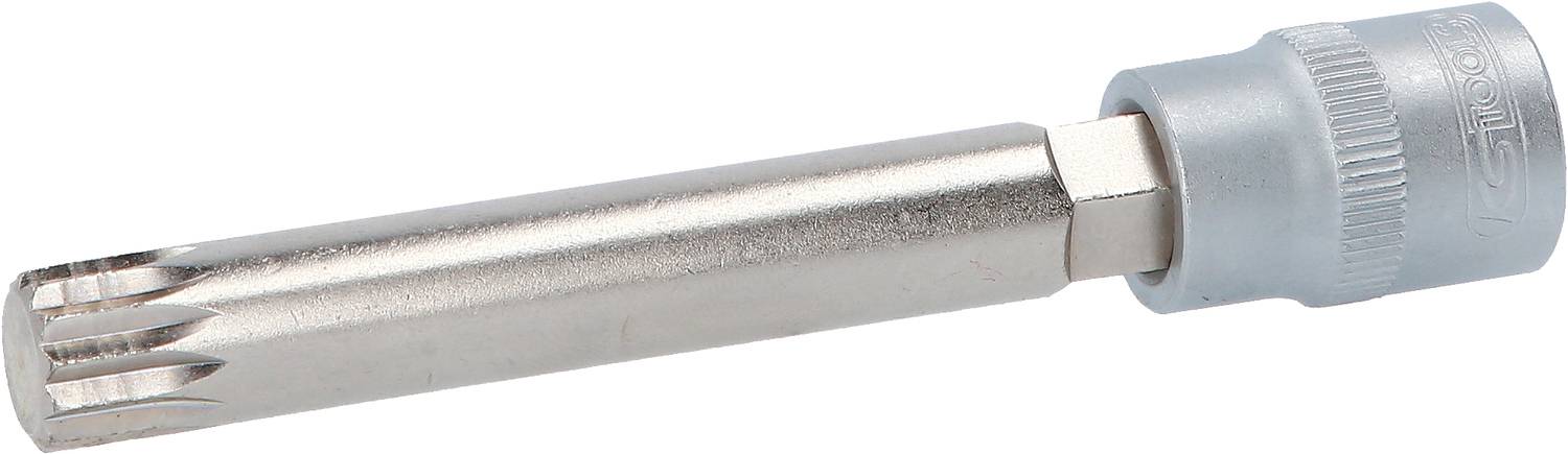 Ein silberner Bitaufsatz mit einem blauen, geriffelten Griff, geeignet für Schraubarbeiten.