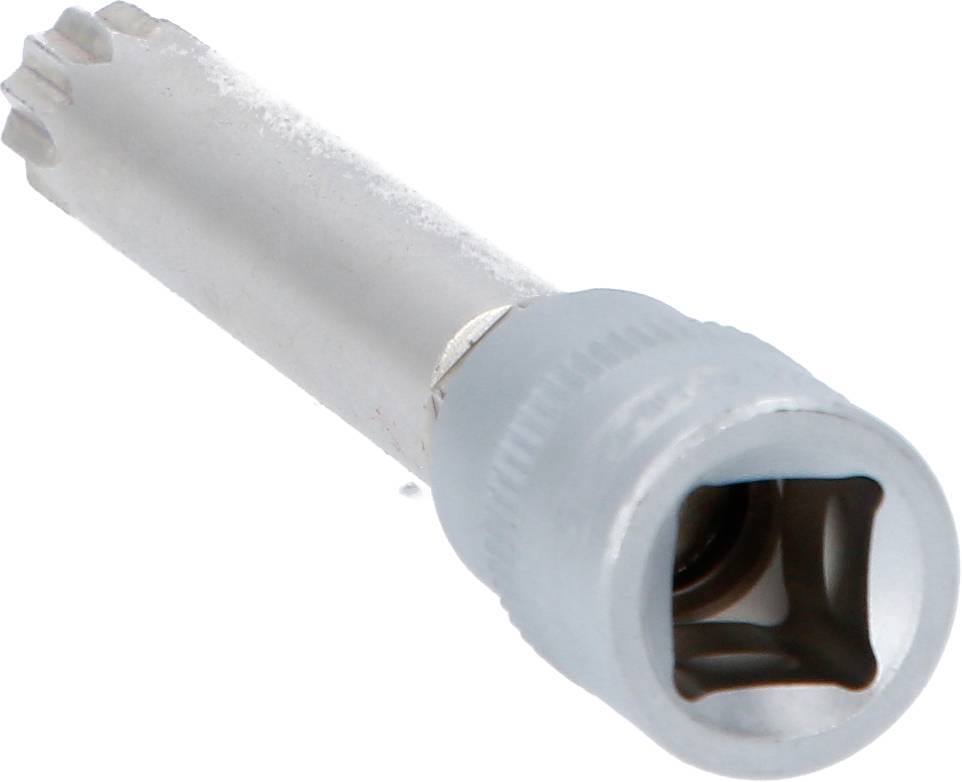 Ein silberner Zahnschlüsselaufsatz, der zur Montage oder Demontage von speziellen Schrauben oder Muttern verwendet wird.