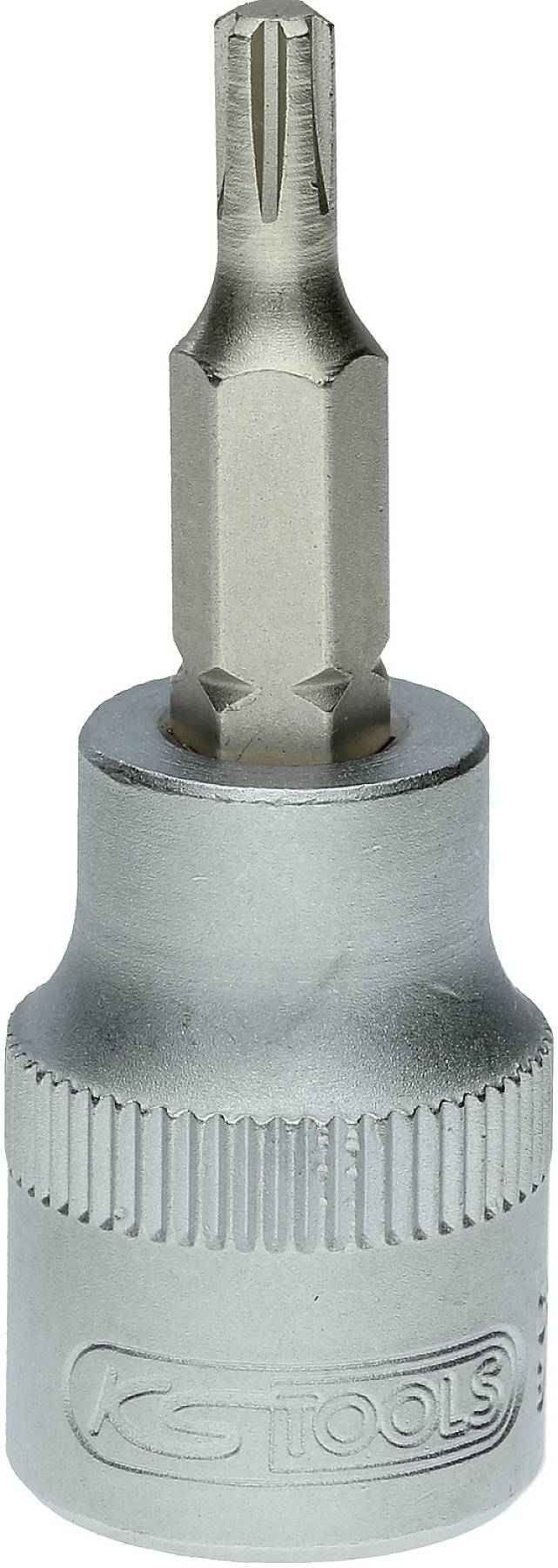 Schraub-Bit mit Torx T-Profil, silberfarben. Hauptwerkzeugbereich silbern, Griff geriffelt zur besseren Handhabung.