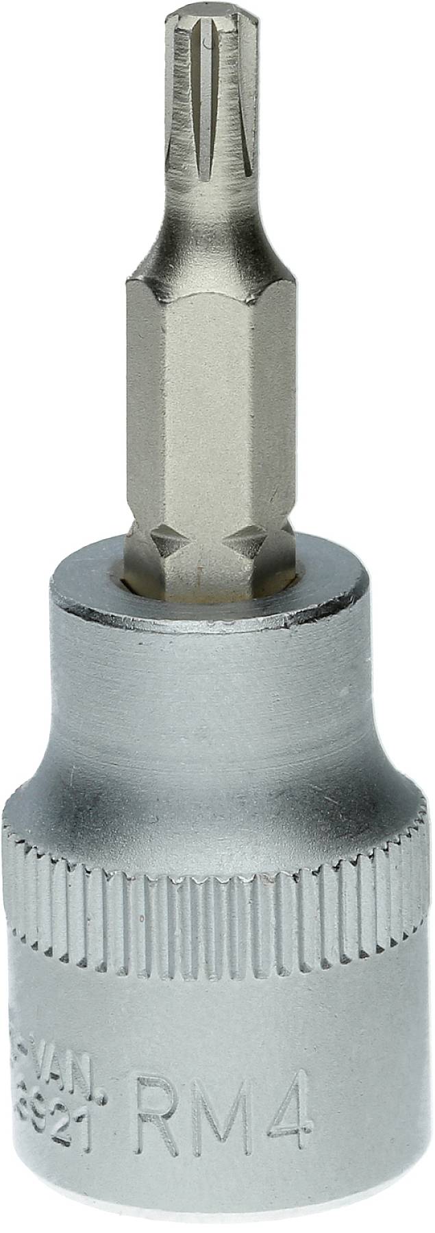 Ein silberner Bitaufsatz mit Torx-Spitze und geriffelter Ummantelung. Auf der unteren Hälfte ist die Aufschrift RM4 eingeprägt.