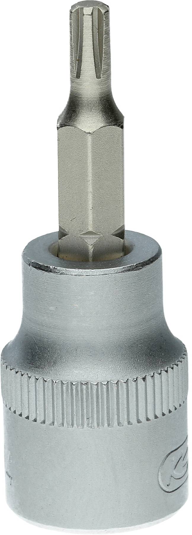 Ein Torx-Steckschlüsselaufsatz aus Metall, verwendet für das Anziehen oder Lösen von Torx-Schrauben, in silberner Farbe.