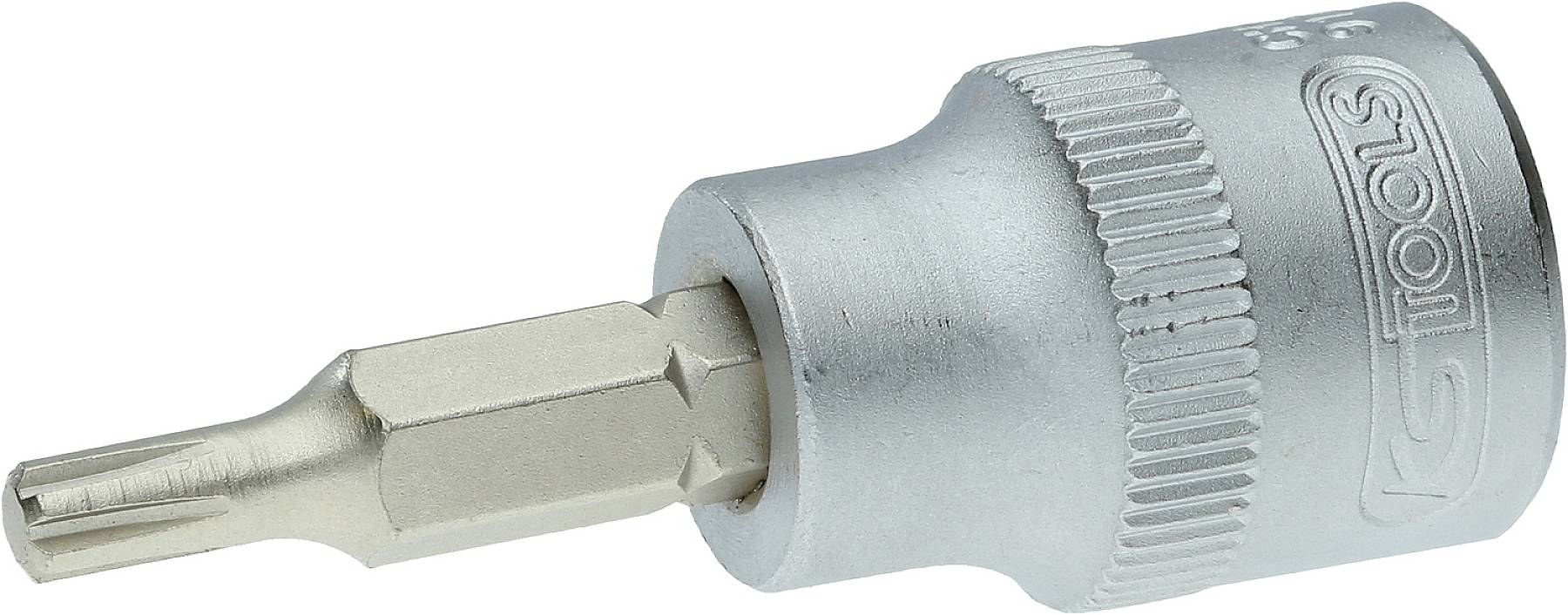 Torx-Bit-Aufsatz aus Metall mit einer geriffelten Griffoberfläche.
