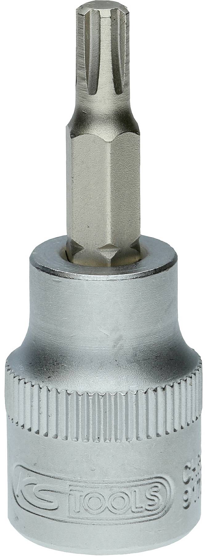 Ein Torx-Bit-Steckschlüssel aus Metall mit geriffeltem Griff und eingeprägtem Logo, geeignet für Schraubarbeiten.