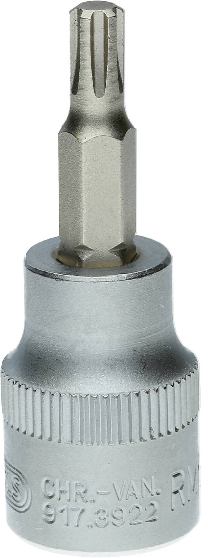 Schraubbiteinsatz mit Torx-Profil, aus Metall, geeignet für Schraubarbeiten. Hexagonal geformter Schaft, Beschriftung am Sockel.
