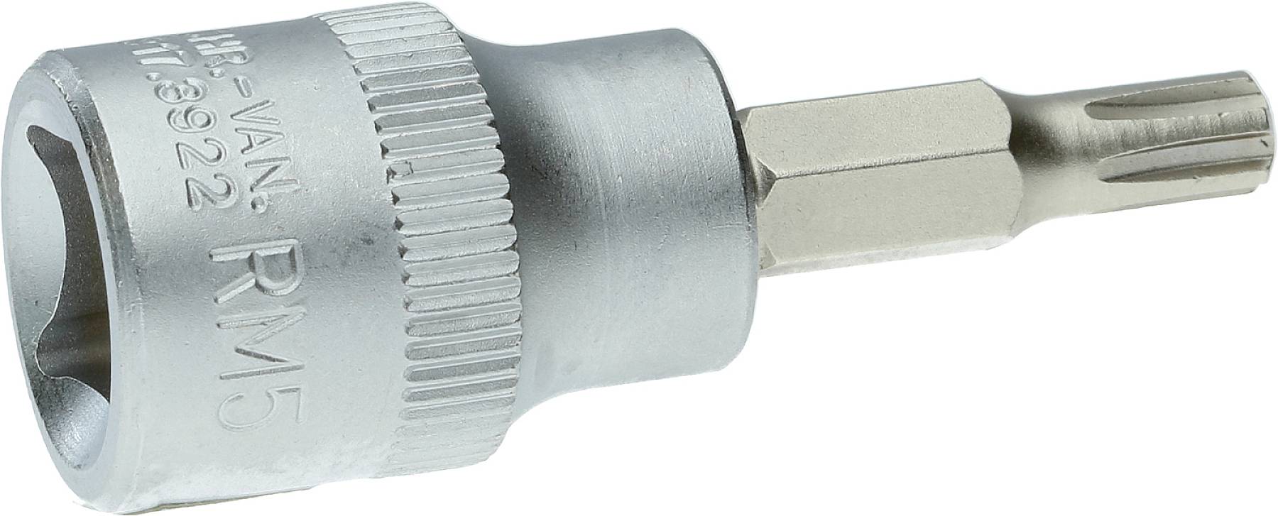 Ein Torx-Aufsatz aus Metall mit der Beschriftung 'RM5'. Verwendet zum Verschrauben oder Lösen von Schrauben mit Torx-Kopf.