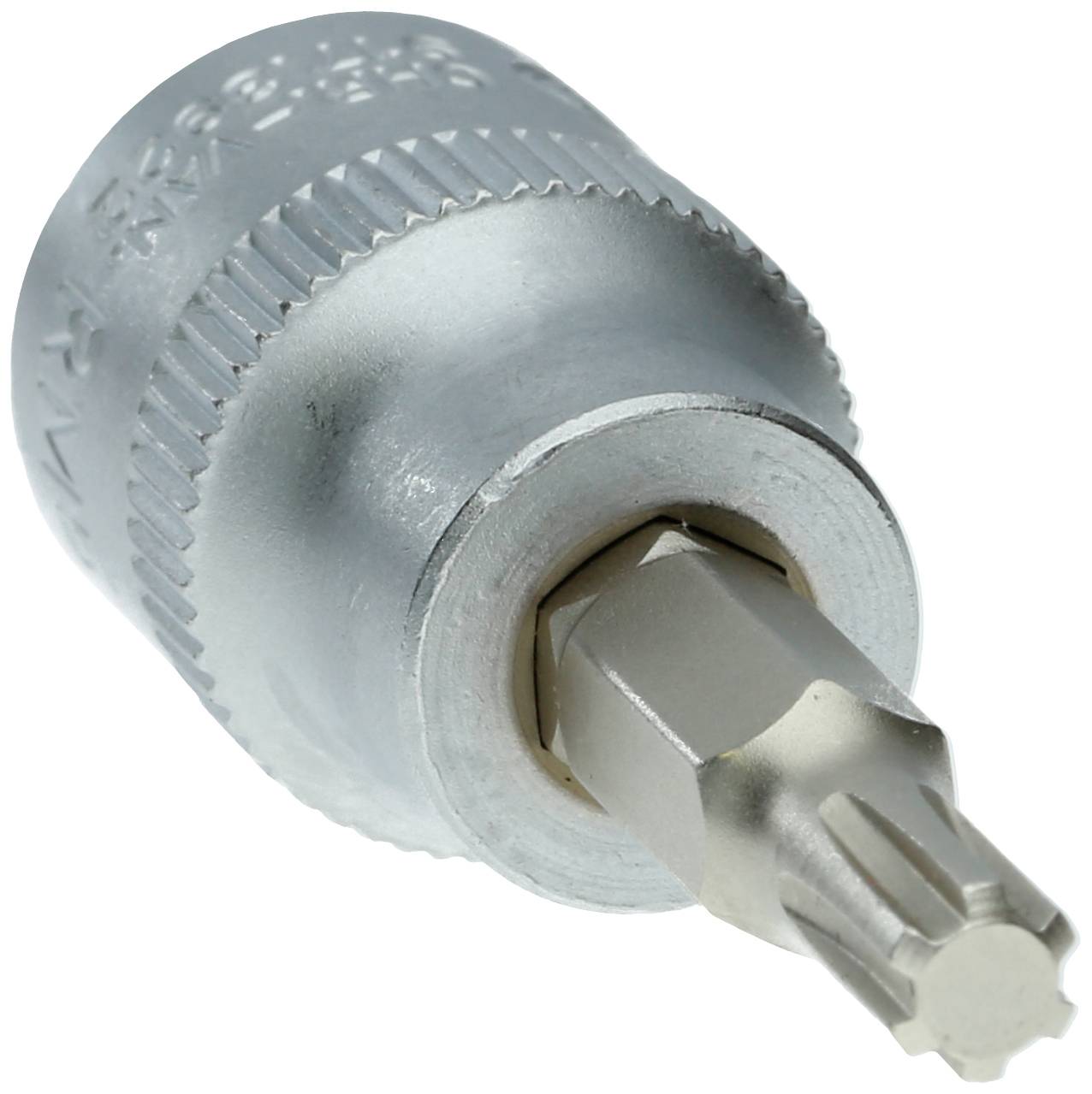 Ein silberner Torx-Bit mit Sechskantschaft, geeignet zum Anziehen oder Lösen von Schrauben mit Innenvielzahnprofil.