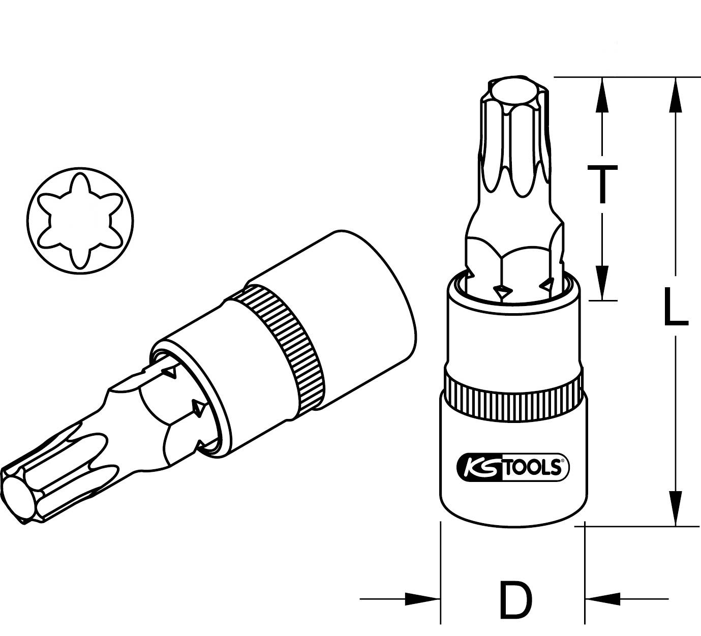 Torx-Bit-Werkzeug von KS Tools mit Maßangaben D, L, T. Werkzeug ist sechszackig, in Linie und perspektivischer Ansicht dargestellt.