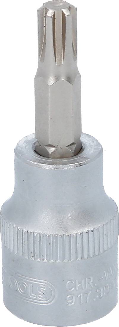 Ein Torx-Bit-Aufsatz in einem metallischen Gehäuse, verwendet für Schraubarbeiten. Der Bit hat ein sternförmiges Profil.