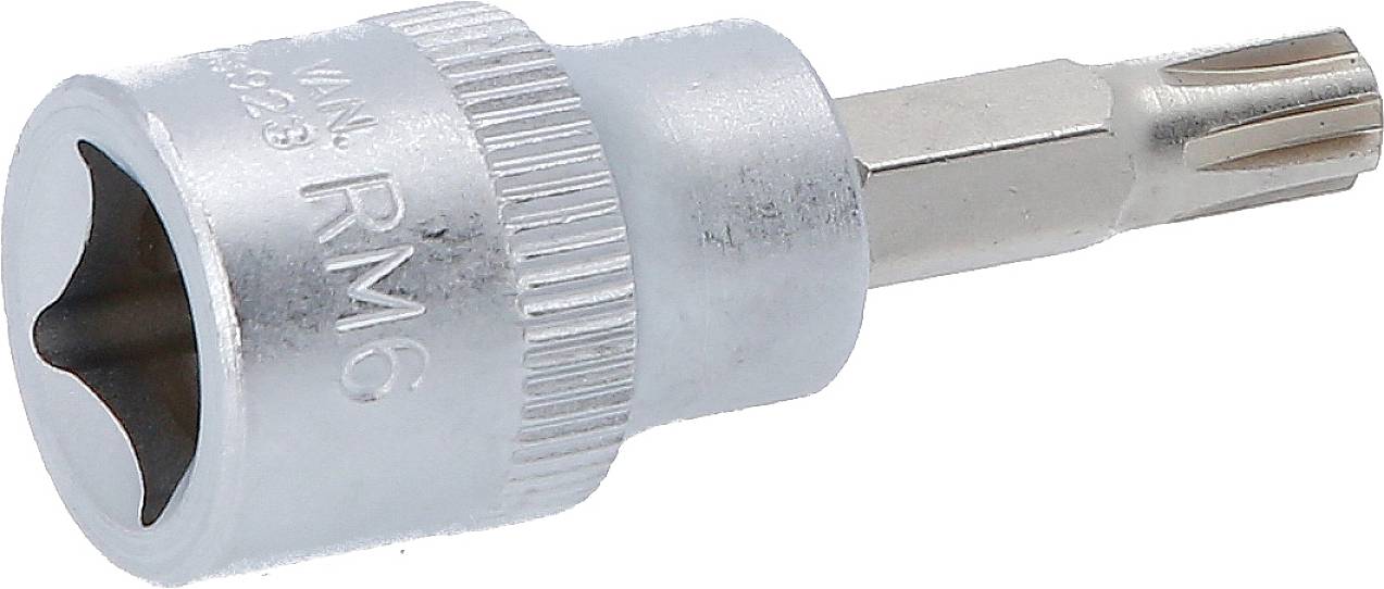 Eine silberne Innensechsrund-Stecknuss mit RM6-Gravur. Sie hat eine geriffelte Kante für besseren Griff. Verwendet für Torx-Schrauben.