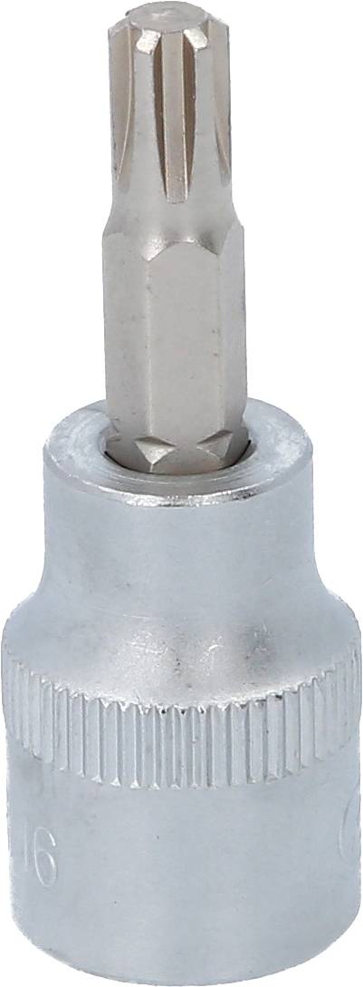 Ein silberner Torx-Bitaufsatz mit sechseckiger Basis und sternförmiger Spitze, geeignet zum Schrauben mit spezifischen Mustern.