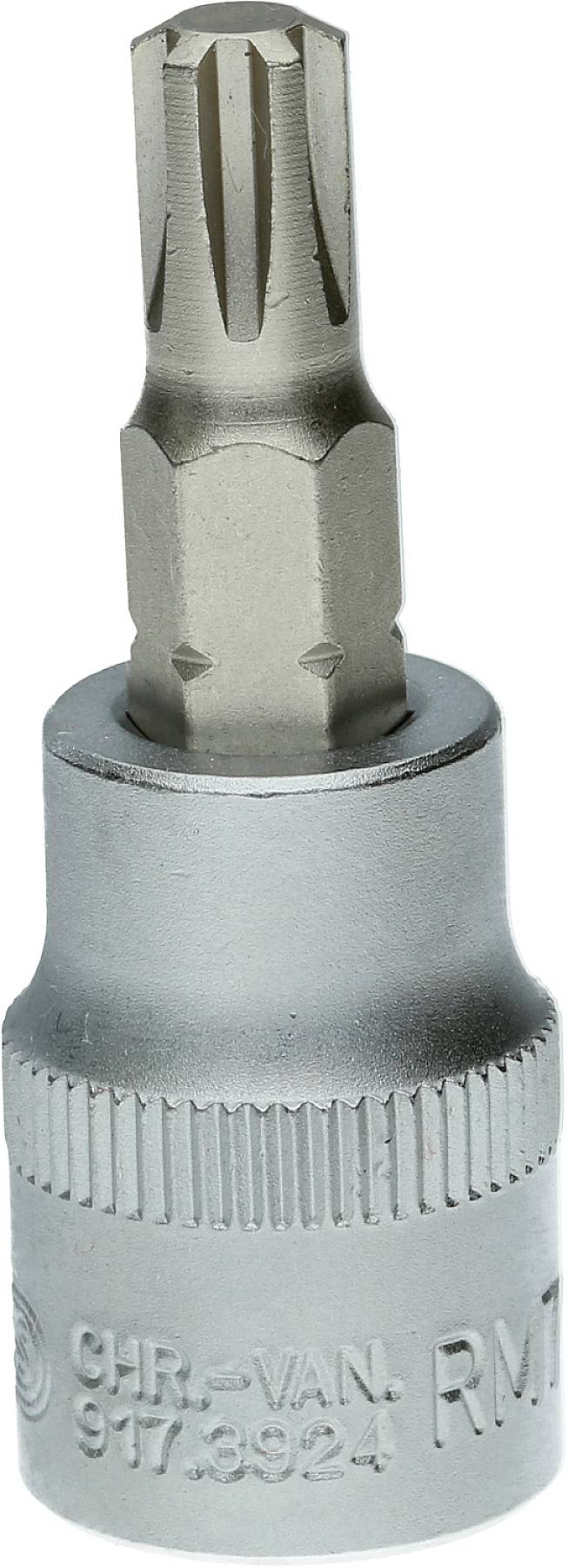 Eine silberne, sechskantige Steckschlüssel-Nuss mit T-Profil-Einsatz, geeignet zum Anziehen oder Lösen von Schrauben mit Innensechsrundkopf.