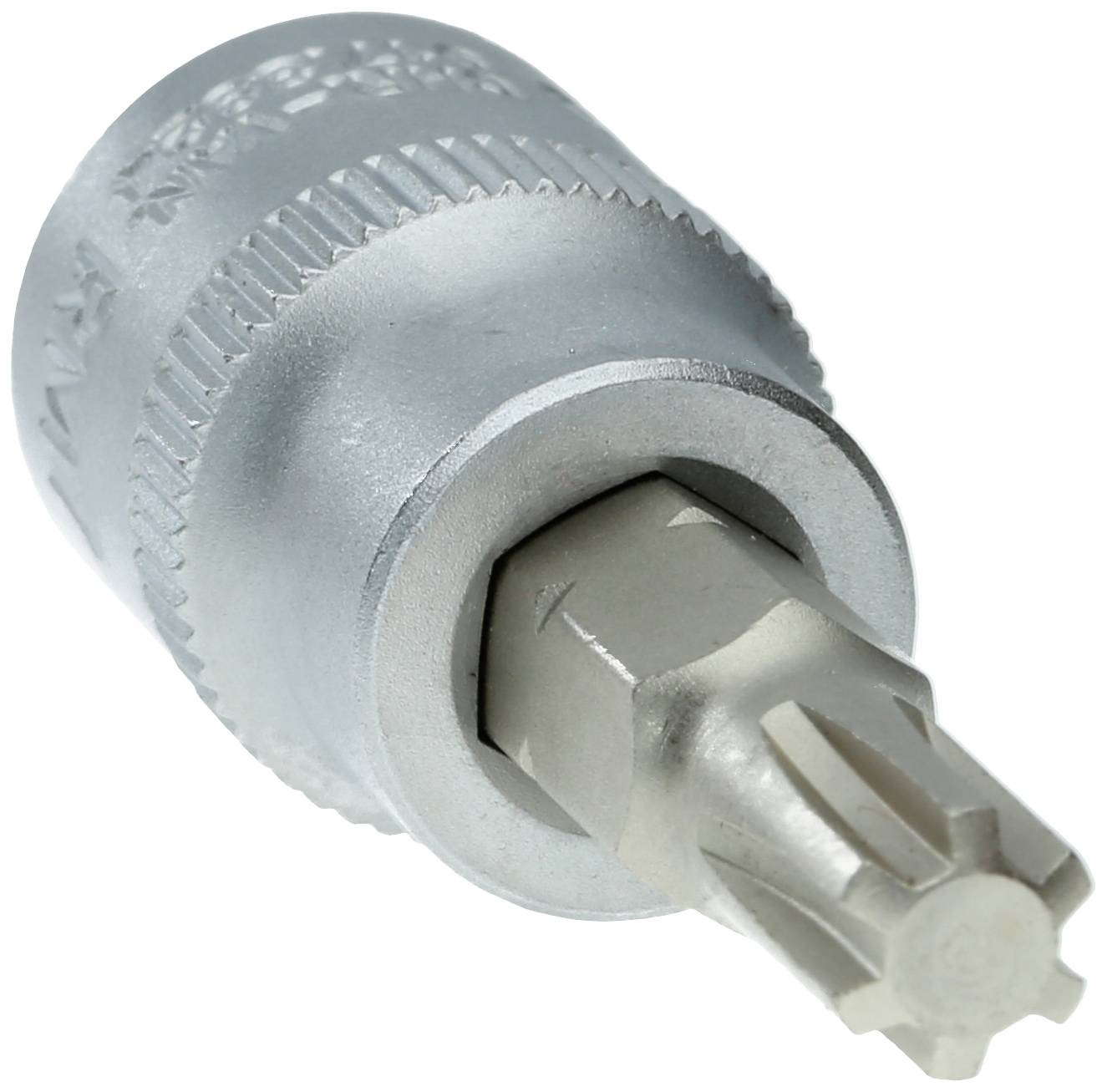 Metallischer Torx-Bit-Aufsatz mit runder Halterung, geeignet für Schraubarbeiten.