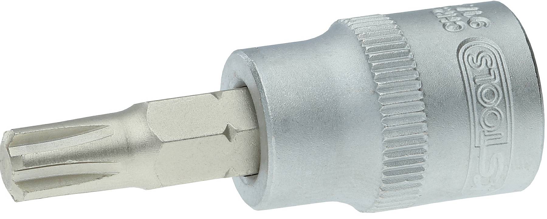 Ein silberner Bitaufsatz mit einem Torx-Profil, der für Schraubarbeiten verwendet wird. Links ist der Einsatzteil, rechts die Aufnahmehülse.