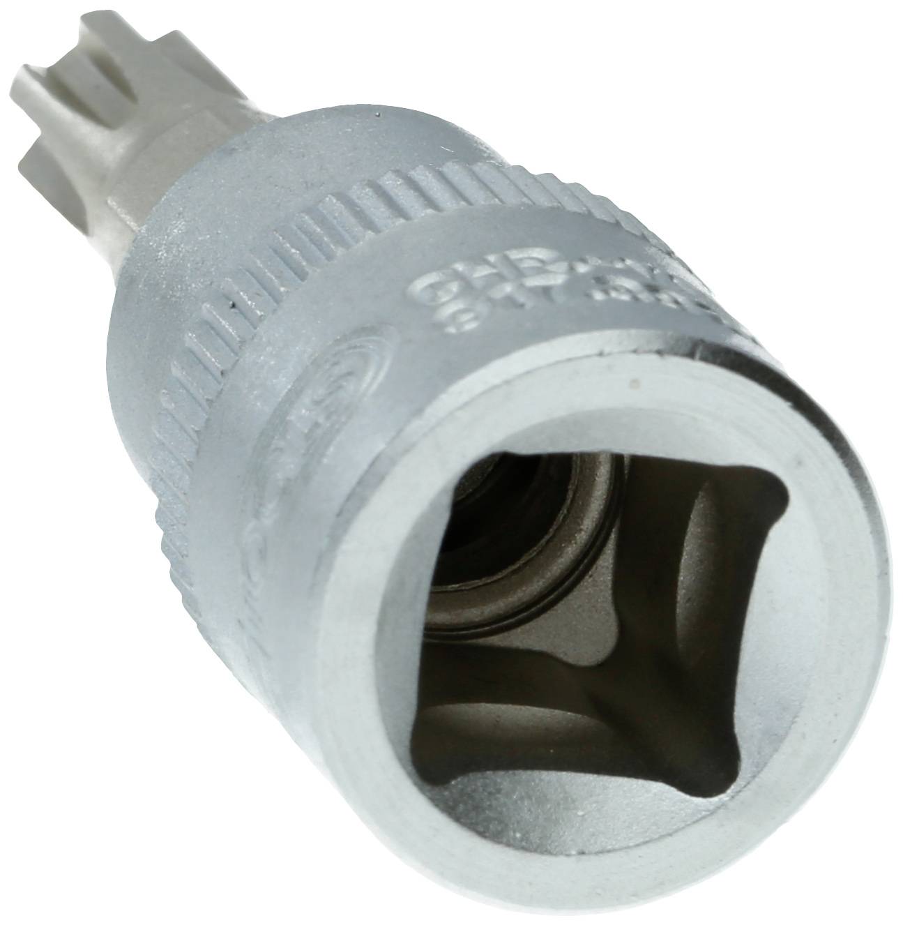 Ein silbernes, sternförmiges Schraubwerkzeug mit Rändelgriff, geeignet für spezielle Schraubverbindungen, auf weißem Hintergrund.