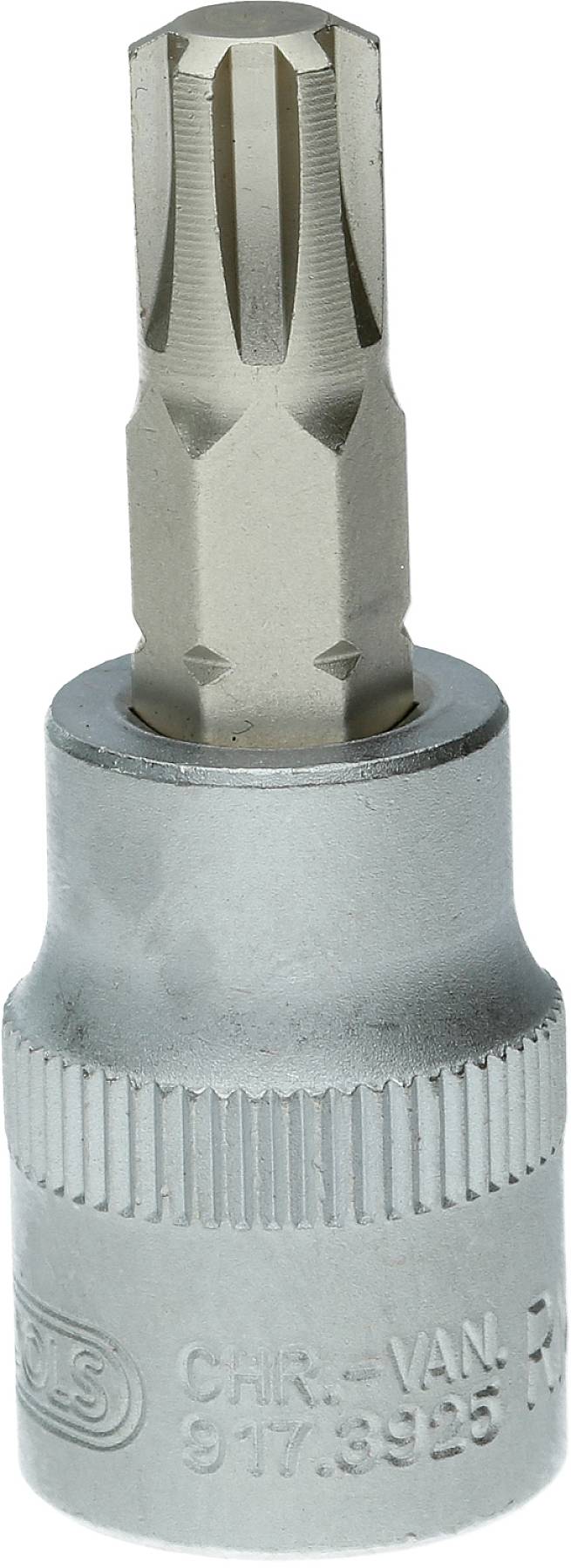 Ein Torx-Bit-Aufsatz für einen Schraubenschlüssel, silberfarben, zylindrisch, mit prismenförmigem Kopf zur Befestigung von Schrauben.