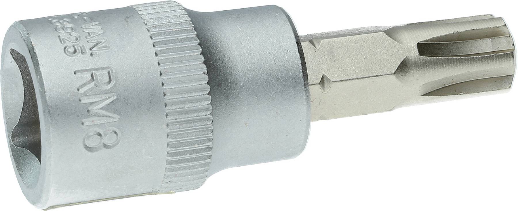 Silberner Sicherheits-Bitaufsatz mit Innenprofilansatz und gerändeltem Metallfinish, geeignet für Kfz-Reparaturen und Werkzeuganwendungen.