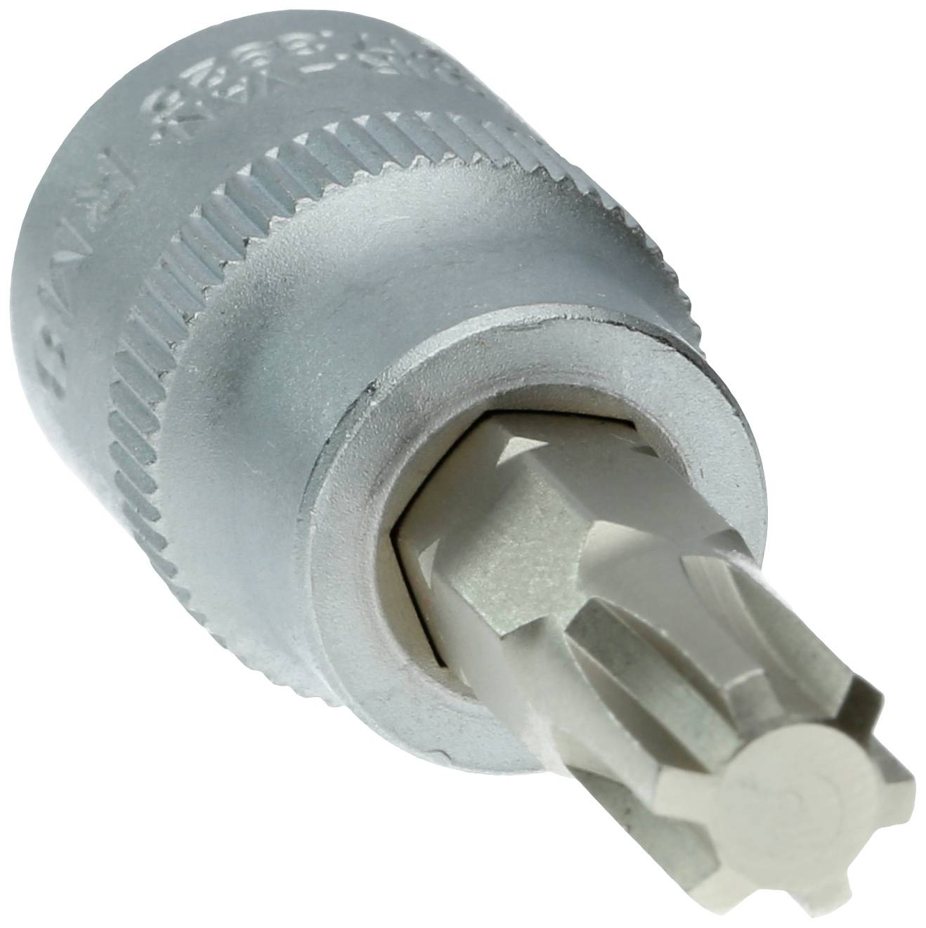 Metallischer Schrauberbit mit Riffelungen am oberen Rand, geeignet für Torx-Schrauben.