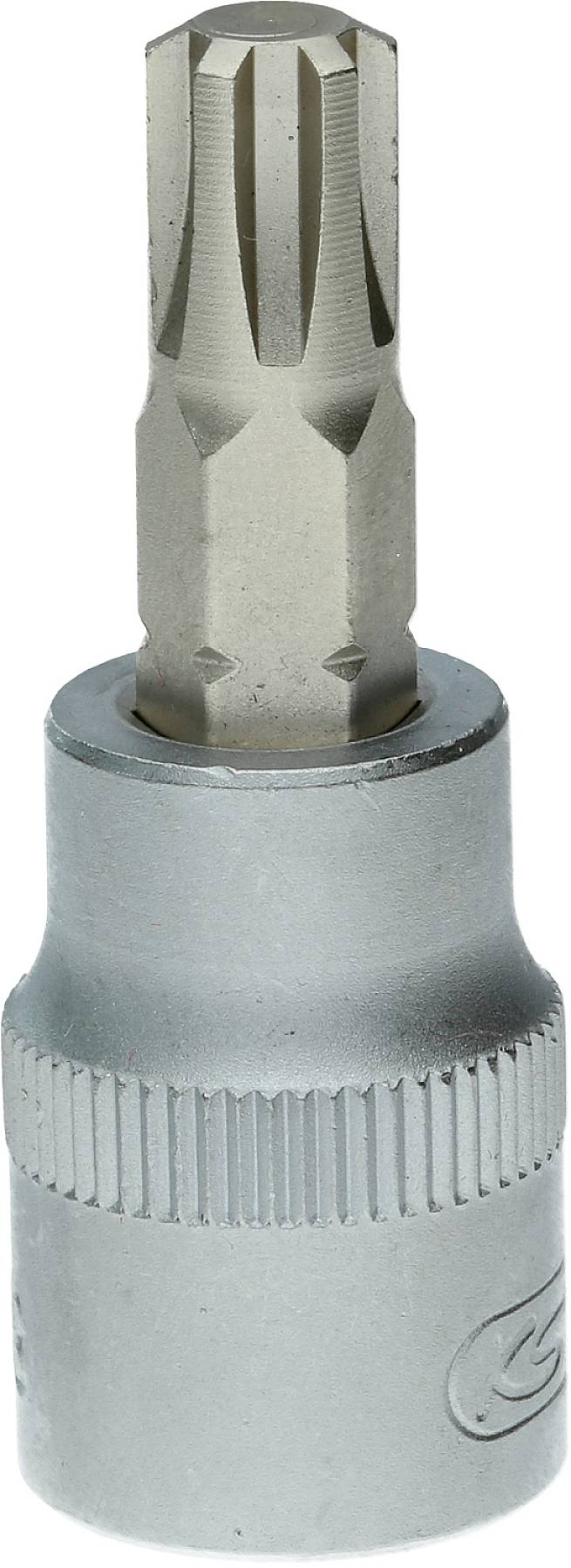 Ein silberner Torx-Bitaufsatz, geeignet für den Einsatz mit Schraubenschlüsseln oder Ratschen, zeigt eine sternförmige Spitze.