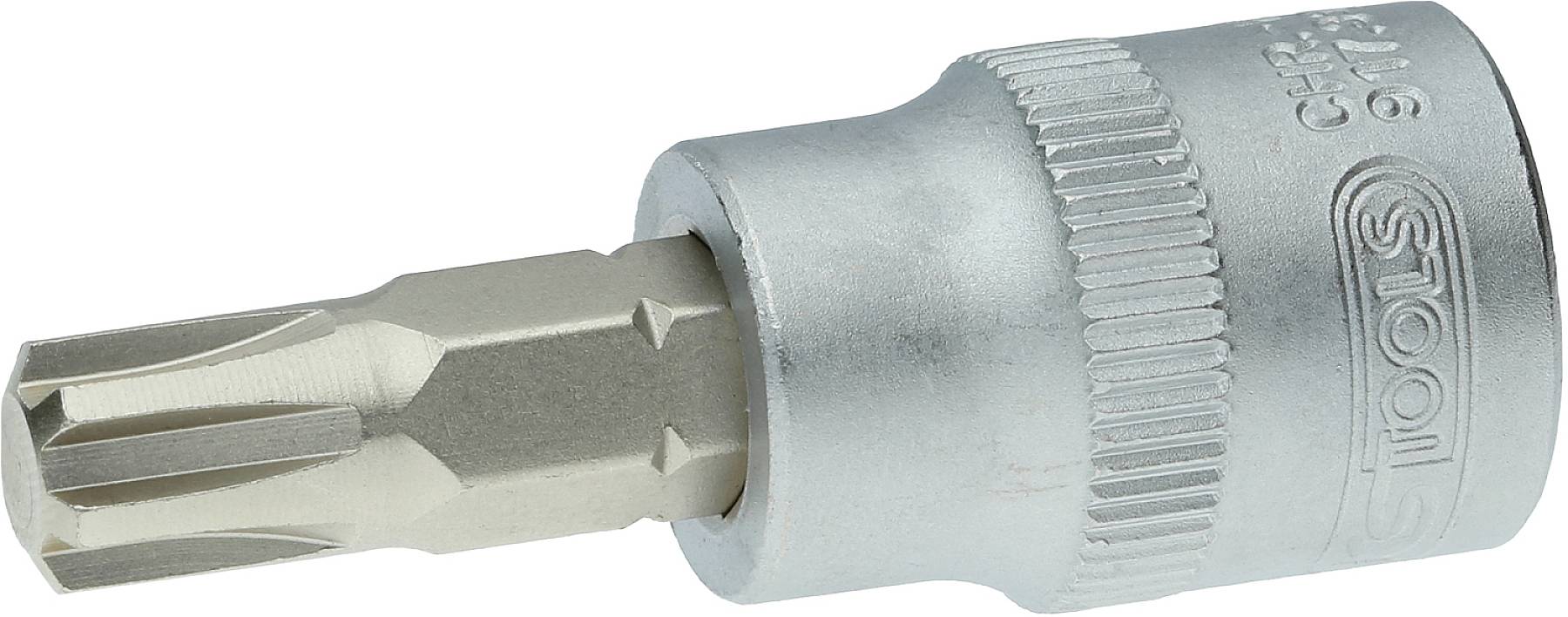 Metallischer Torx-Schraubendreheraufsatz mit zylindrischem Griff und gerändelter Oberfläche, geeignet für handwerkliche Arbeiten.