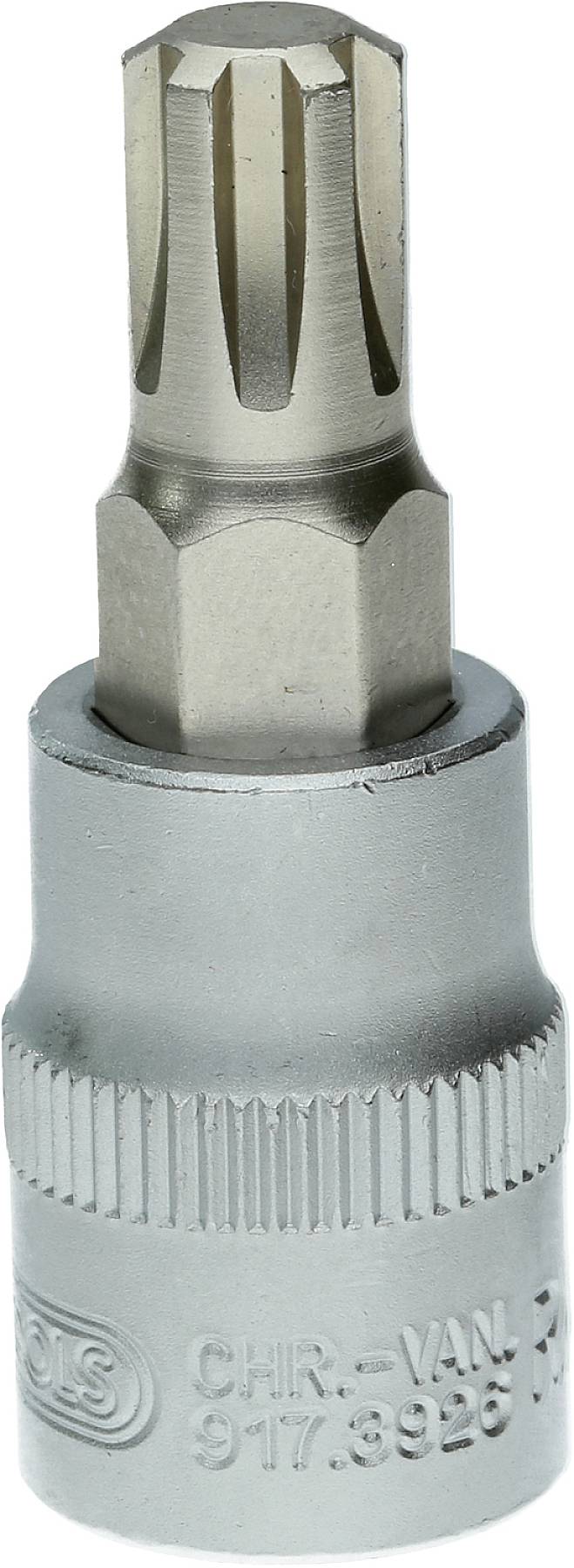 Ein silberfarbener Schraubendrehereinsatz mit Torx-Kopf, geeignet für mechanische Arbeiten.